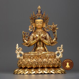 Premium Chenrezig Statue - 24k Gold Gilded, Embodiment of Infinite Compassion, Tibetan Buddhist Spiritual Decor, Traditionally Hand-made Art