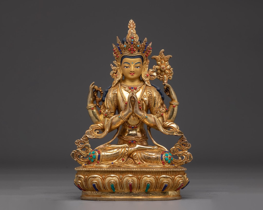 Handcrafted Chenrezig Four-armed Deity of Compassion | Gold Gilded ...