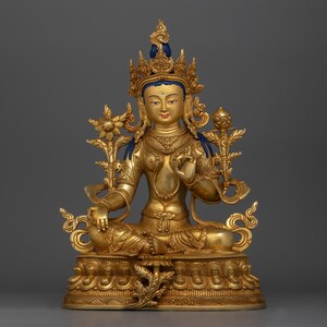 Sacred Green Tara Artwork | 13 Inches 24K Gold Gilded Copper Goddess of Compassion for Enlightenment and Spiritual Protection | Handmade Art