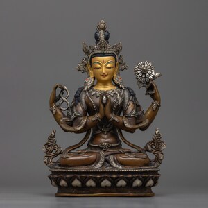 Spiritual Handmade Statue of Chenrezig | Lokeshvara Deity with Silver Plated | Tibetan Buddhism Indoor Figurine of Nepal | Himalayan Artwork
