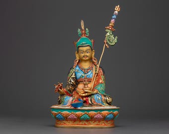 Guru Rinpoche Colored Handmade 26cm Statue | Beacon of Spiritual Power | Padmasambhava Art Vajrayana Sacred Decor Tantric Symbol Figurine