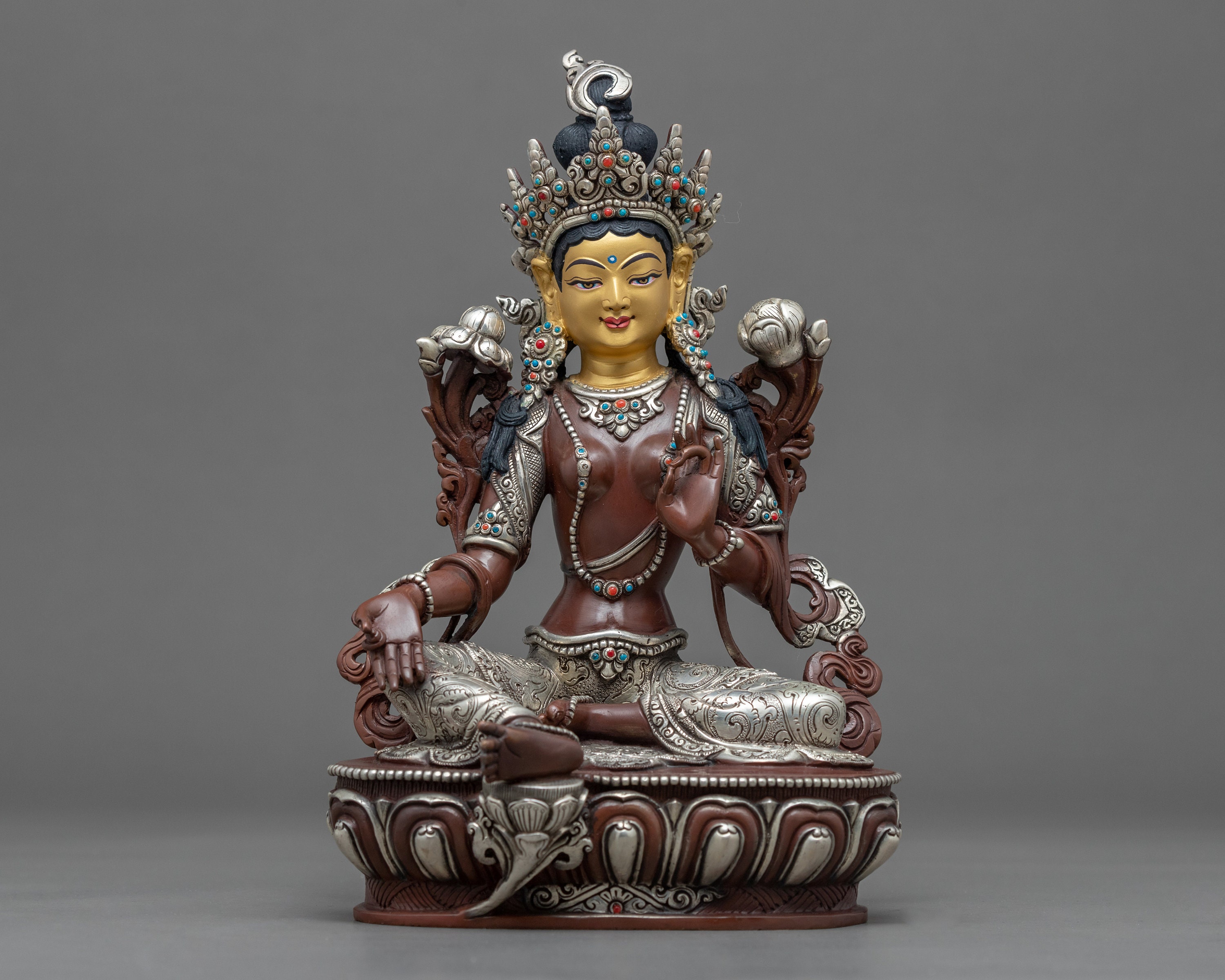 Green Tara Statue | Original Handmade Buddhist Figurine | Tibetan Mother Drolma Deity | Asian Himalayan Art | Traditional 24k Gold Gilded