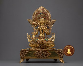 Green Tara Statue | Tibetan Mother Drolma Tara | Traditionally Hand-Carved Gold Figurine | Himalayan Nepali Artwork | 24k Gold Gold Gilded
