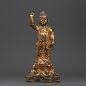 Standing Shakyamuni Buddha Rupa | 24K Gold Gilded Copper Statue | Antique Finish Spiritual Decor | Tibetan Dharma Buddha Figurine for Altar