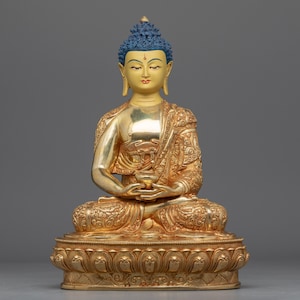 Golden Buddha Amitabha Statue  | Tibetan Buddhist Handmade Sculpture | Hand Carved Buddha Figure Gilded in Pure 24k Gold | Religious Artwork