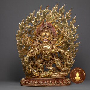 Six Armed Mahakala Statue | Wrathful Deity | Traditionally Hand Carved Copper Body | Genuinely Gold Gilded with 24K Gold | Statue of Nepal