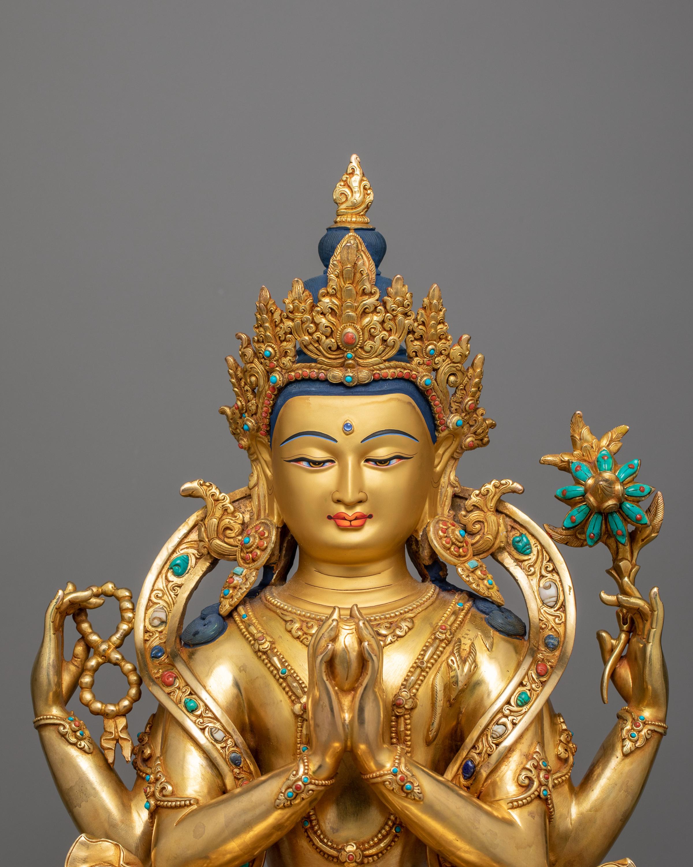 Four Arm Chenrezig Golden Statue | 24K Gold Gilded 19 Inch Statue of ...