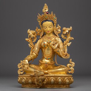 Golden Green Tara Statue, The Ultimate Liberator, 14.6” Copper Sculpture with 24K Gold Gilding for Spiritual Altars and Meditation Spaces