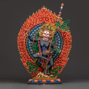 Buddhist Wrathful Lion-faced Deity | Tibetan Style Handcarved Statue | Simhamukha - Protector of Spiritual Practitioners | Spiritual Decor
