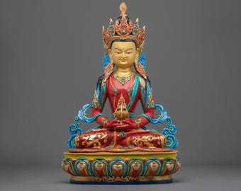 Amitayus Figurine | Buddha of Infinite Life and Longevity Blessings | 24K Gold Gilded Handmade Himalayan Buddhist Altar Sculpture