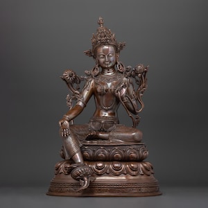 Heilige groene tara-sculptuur | Beeldje van geoxideerd koperen boeddhistische godheid | Tibetaanse spirituele heilige tara voor decor heiligdom, dharma en altaar