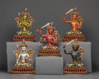 Statue Set of Manjushri Five Forms | Gold Gilded and Acrylic Painted Spiritual Figures | Perfect for Altar Decor
