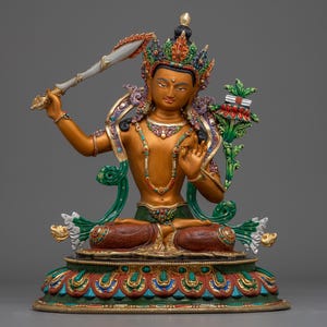 Copper Manjushri statue | Bodhisattva of Wisdom with Sword | Figurine for Shrine, Altar and Dharma Decor | Spiritual Sculpture Made In Nepal