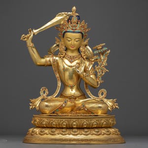 Handcrafted Manjushri Artwork: Golden Spiritual Decor | Figurine for Shrine, Altar, and Dharma Decor | Spiritual Sculpture Made In Nepal