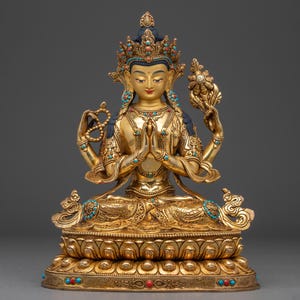 Handcrafted Chenrezig Golden Copper Art | Meditation and Spiritual Decor | Figurine for Shrine, Altar, and Dharma Decor | Made In Nepal