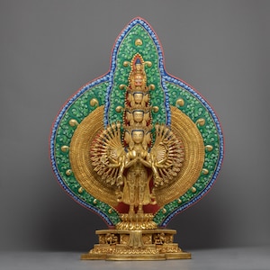Elegant 1000 Armed Chenrezig Statue | Handmade Avalokiteshvara Sculpture | Authentic Himalayan Artwork Gilded in 24K Gold
