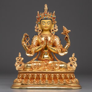 Tibetan Compassion Deity Chenrezig | Gold-Gilded Peaceful Sculpture for Meditation Altars and Spiritual Decor | Handmade Nepali Artwork