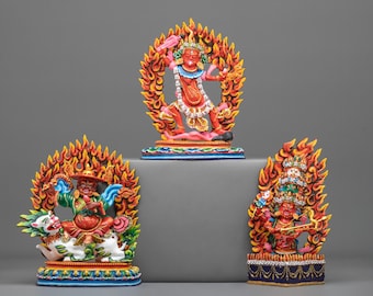 Three Nyingma Dharmapala Statue Set | Ekajati, Rahula and Dorje Legpa | Handmade Himalayan Vajrayana Protector Collection