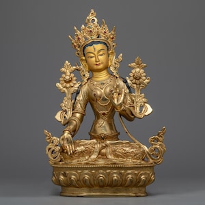 Tara Maa Statue | Original Hand-Carved Buddhist Sculpture | Long Life Deity | Himalayan Traditionally Gilded in genuine 24k Gold Artwork