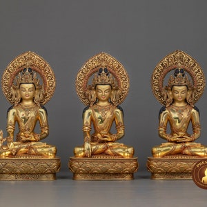 Three Crown Buddha Statue Set | Medicine Buddha | Shakyamuni Buddha | Amitabha | Traditionally 24k Gold Gilded Handmade Sculpture Artwork