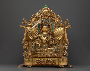 24-karaats verguld Manjushri-beeld | Tibetaanse edelsteenkunst