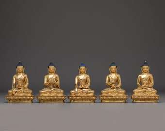 手作りの黄金五禅仏像セット | 24K金鍍金銅像 | 祭壇や瞑想スペースの