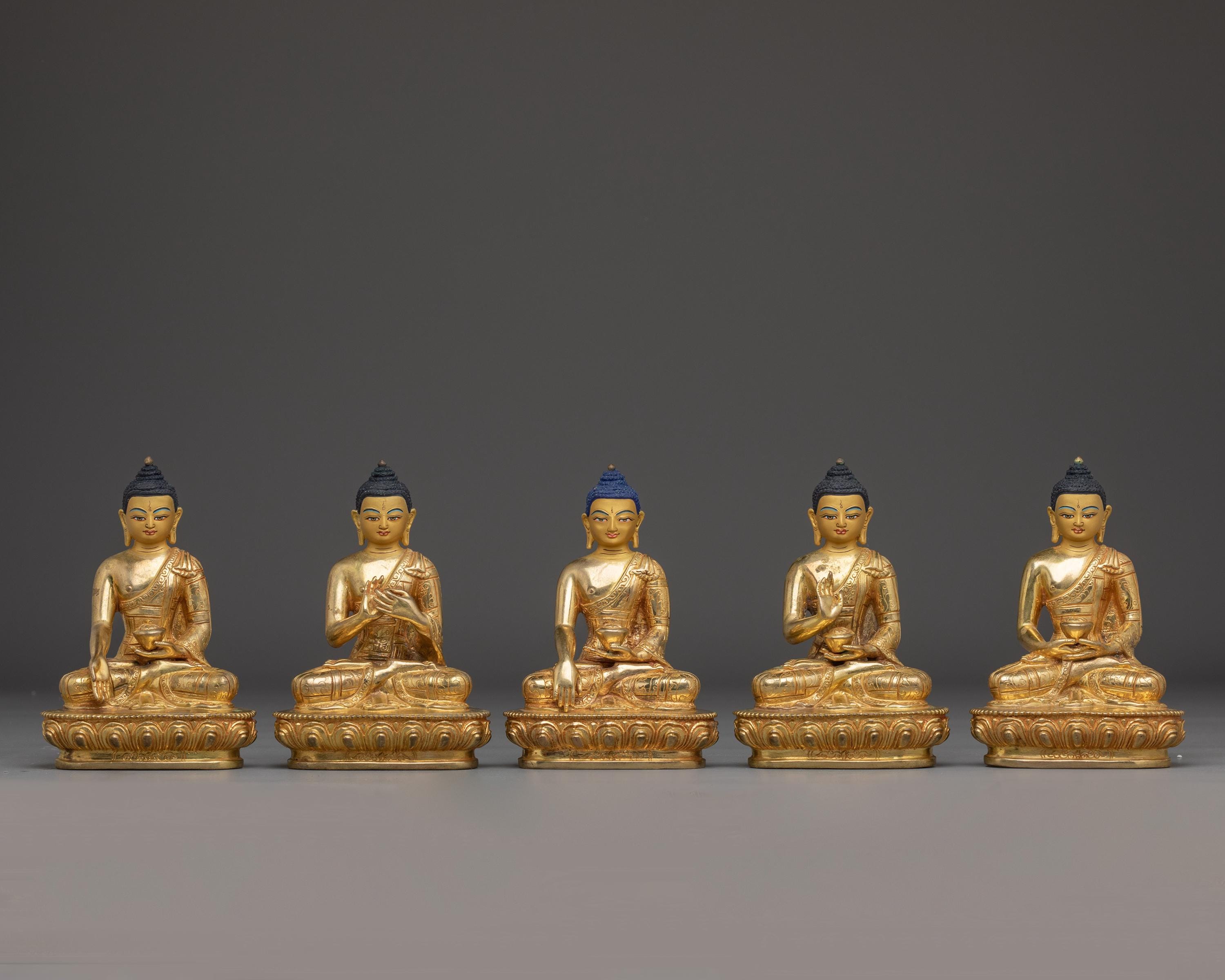 手作りの黄金五禅仏像セット | 24K金鍍金銅像 | 祭壇や瞑想スペースの