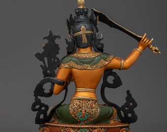 24K金鍍金銅文殊菩薩像 | 知恵と悟りの彫刻 | 瞑想の装飾に最適