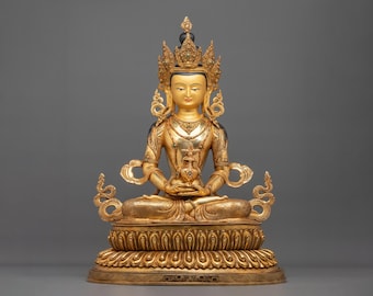 Amitayus Golden Copper Statue | Buddha of Infinite Life | Himalayan Buddhist Sculpture for Longevity Altar and Meditation Shrine