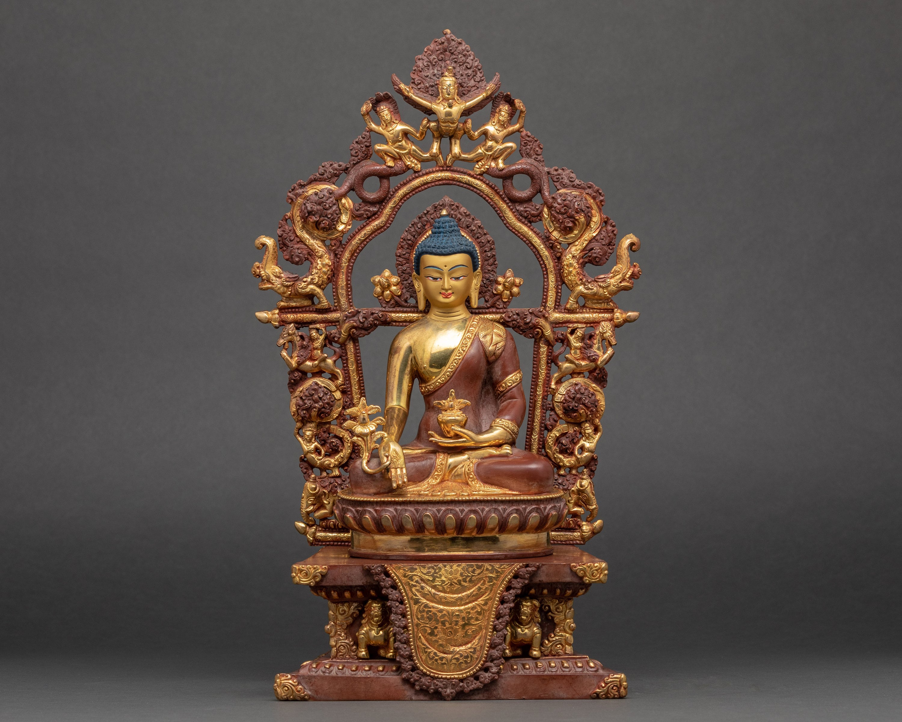 Medicine Buddha Statue On Throne | Handmade Buddhist Sculpture Of Healing Traditional Himalayan Art Nepal 24K Gold Gilded