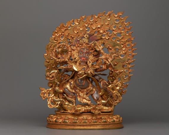 旧藏・ネパール仏教美術・六臂騎獅護法神像・宝石装飾・彩色描金・純銅製・仏像・風水 六腕のマハーカーラ像 | 手作りの仏教の怒った法の守護神 | 伝統的な