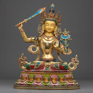 Golden Copper Manjushri Handmade Statue | Buddhist Deity for Wisdom | Figurine for Shrine, Altar, and Dharma Decor | Sculpture Made In Nepal