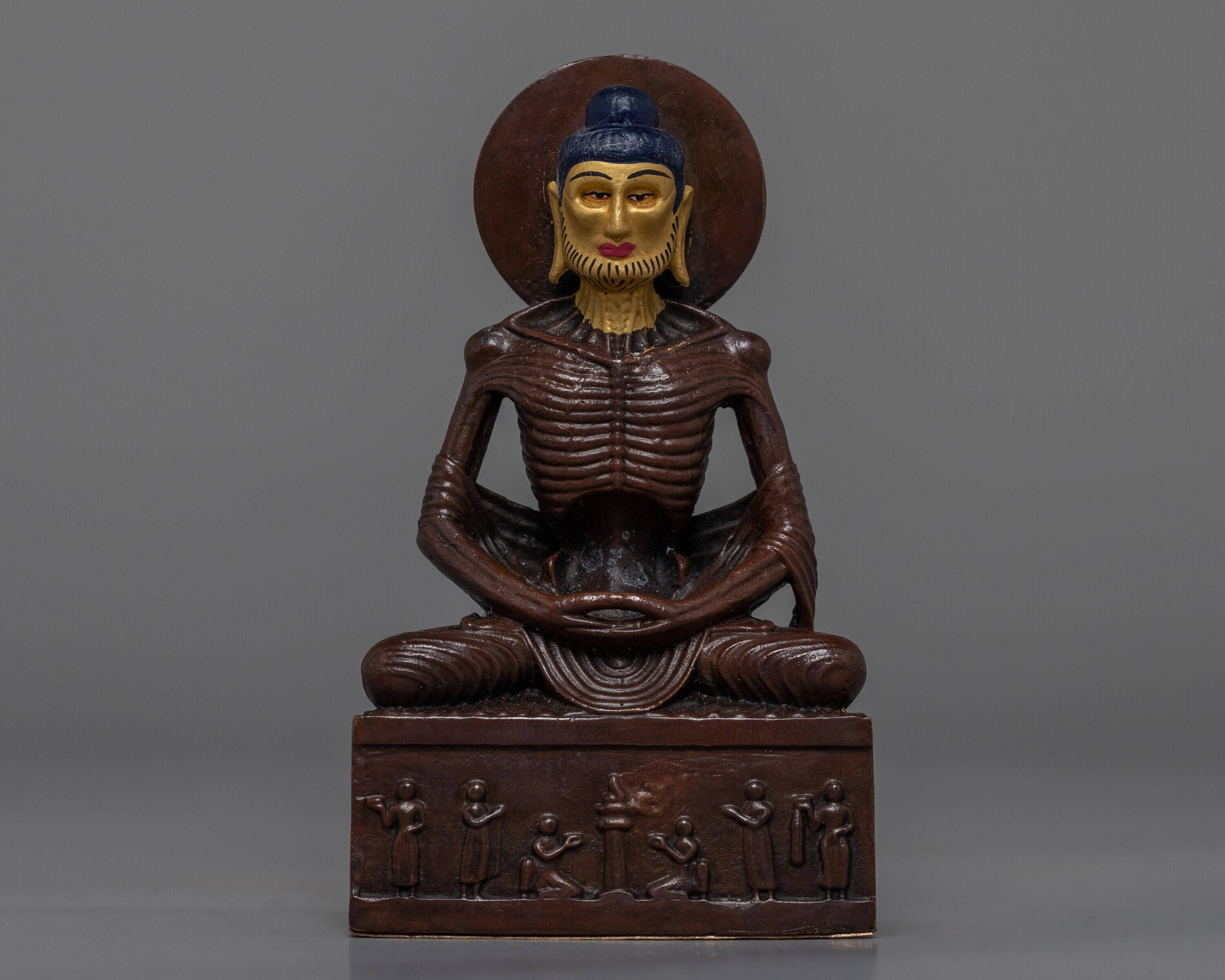 Fasting Shakyamuni Buddha Statue | Traditional Himalayan Art Of Nepal Small Oxidized Copper Body Sculpture & Gold Plated Figurines