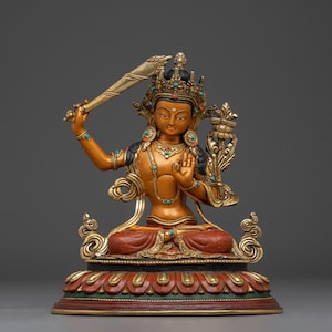 Handmade Radiant Manjushri Statue | Bodhisattva of Wisdom | Figurine for Shrine, Altar, and Dharma Decor | Spiritual Sculpture Made In Nepal