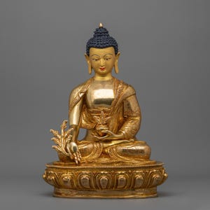 Healing Buddha Bhaisajyaguru Copper Statue | 24K Gold Gilded Figurine for Shrine, Altar and Dharma Decor | Spiritual Sculpture Made In Nepal