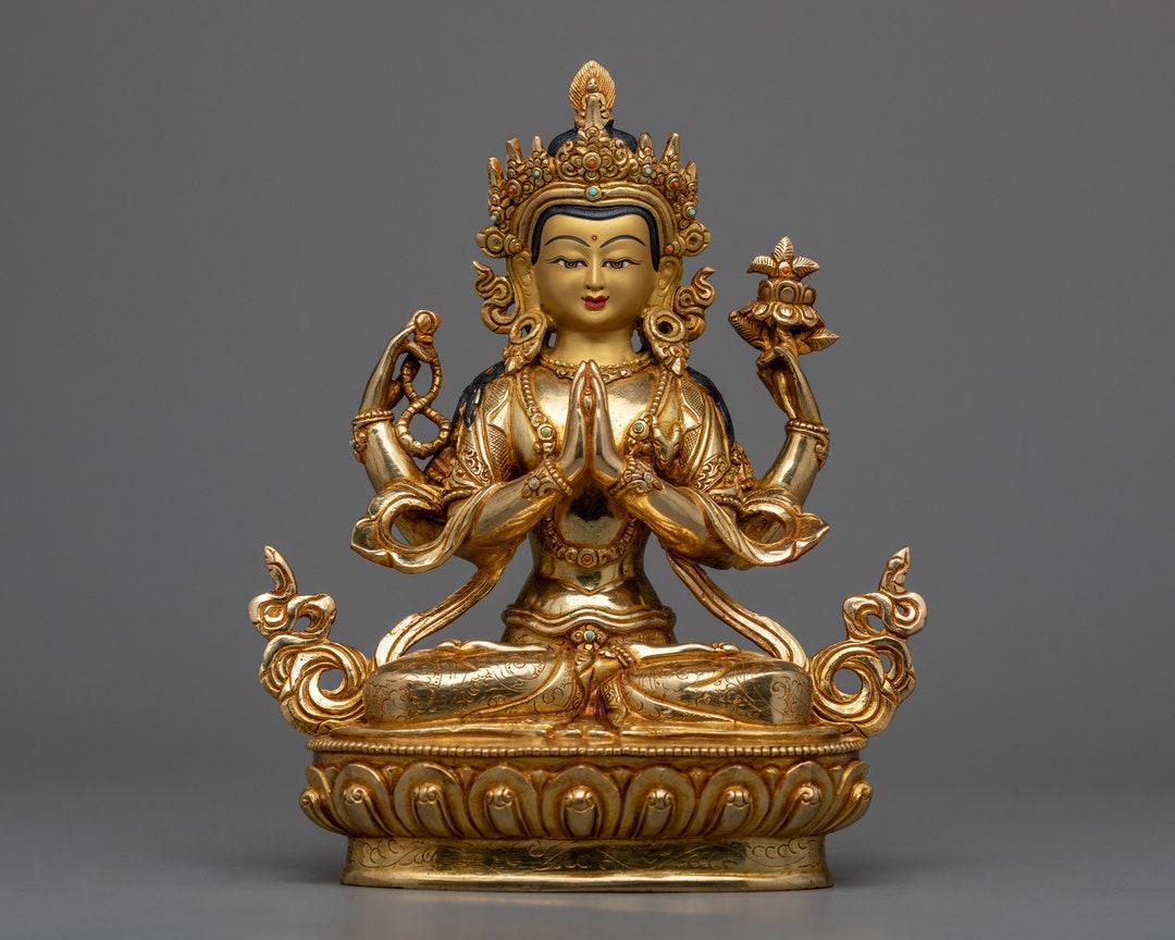 チェンレジグ仏教仏像 - 24K ゴールドとアクリル画、銅製ボディ