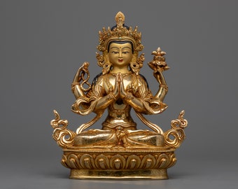 チェンレジグ仏教仏像 - 24K ゴールドとアクリル画、銅製ボディ