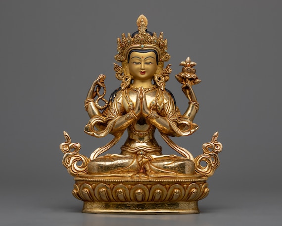 チェンレジグ仏教仏像 - 24K ゴールドとアクリル画、銅製ボディ