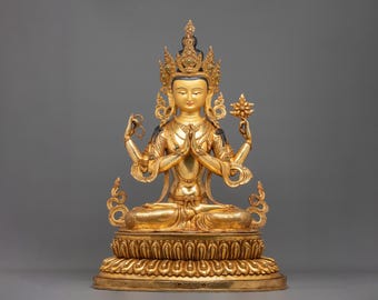 Four-Armed Chenrezig Buddhist Figurine | Bodhisattva of Compassion | Himalayan Sacred Art for Altar and Meditation Shrine