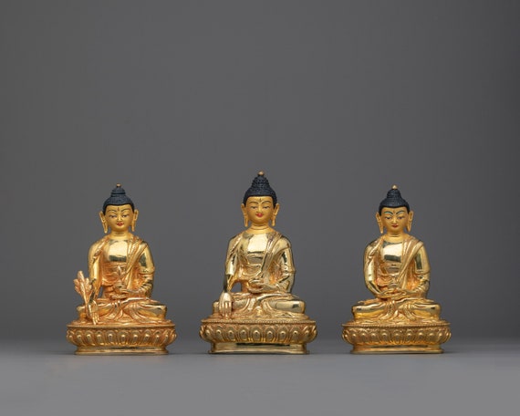 僧侶像と仏像の3点セット 僧侶像と仏像の3点セット 黄金の三仏像セット 16 cm - 釈迦