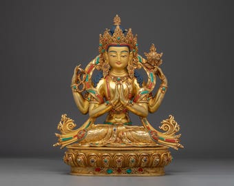 宝石付き観音菩薩像 | 24K金鍍金の観音菩薩像 | 慈悲と平和を祈願する