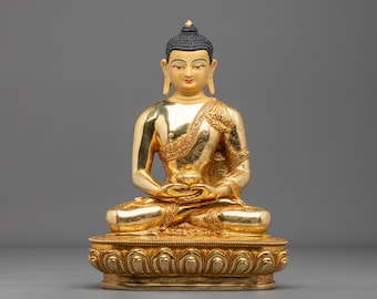Amitabha Buddha Sculpture | 24K Gold Coated Buddha of Infinite Light and Pure Land Rebirth | Handmade Himalayan Buddhist Art