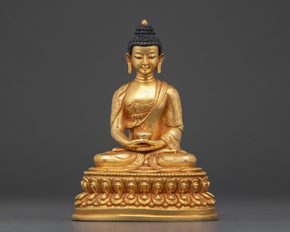 神社用の悟りを開いた阿弥陀仏 | アクリル画付き 24K 金メッキ銅像