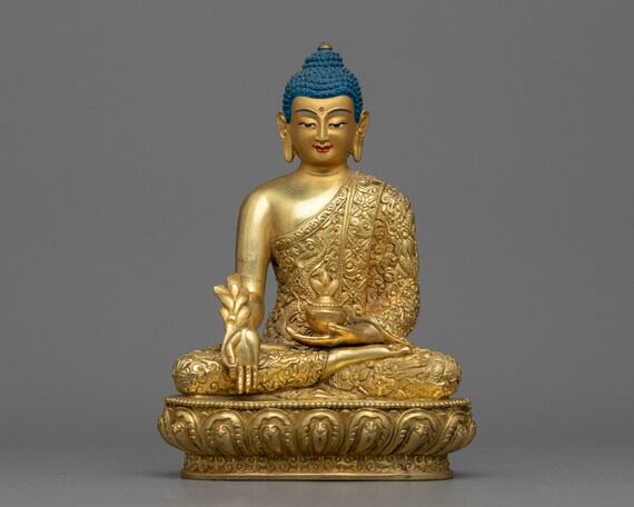 Hand Carved Medicine Buddha Sculpture | 24K Gold Gilded Healing