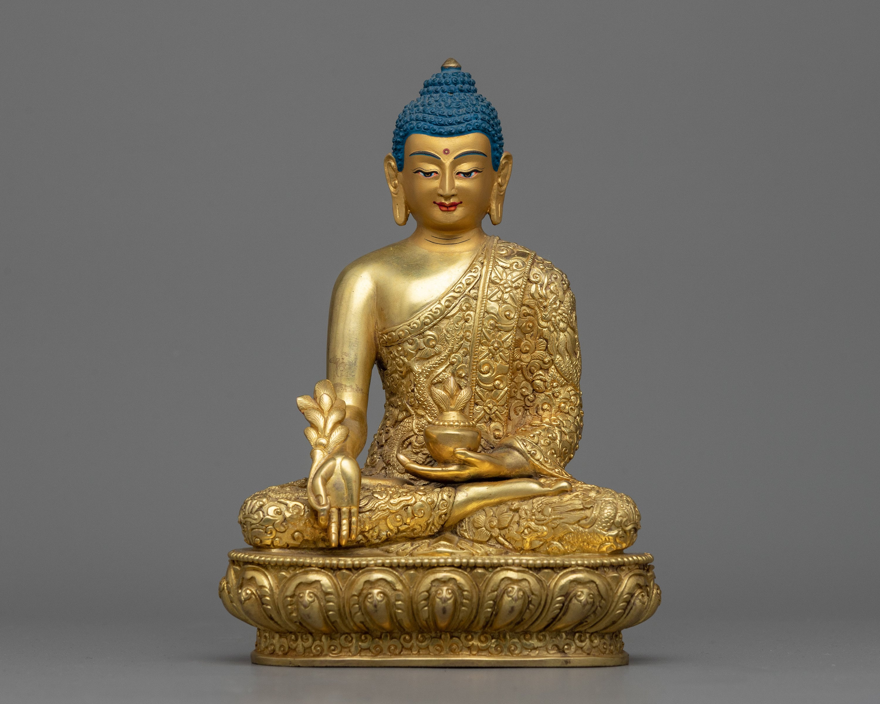 Hand Carved Medicine Buddha Sculpture | 24K Gold Gilded Healing