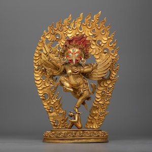 Protector Deity Garuda King of Birds Figurine | 24K Gold Gilded Protector Deity Statue | Handcrafted Meditational Buddha Holding Skull Cup