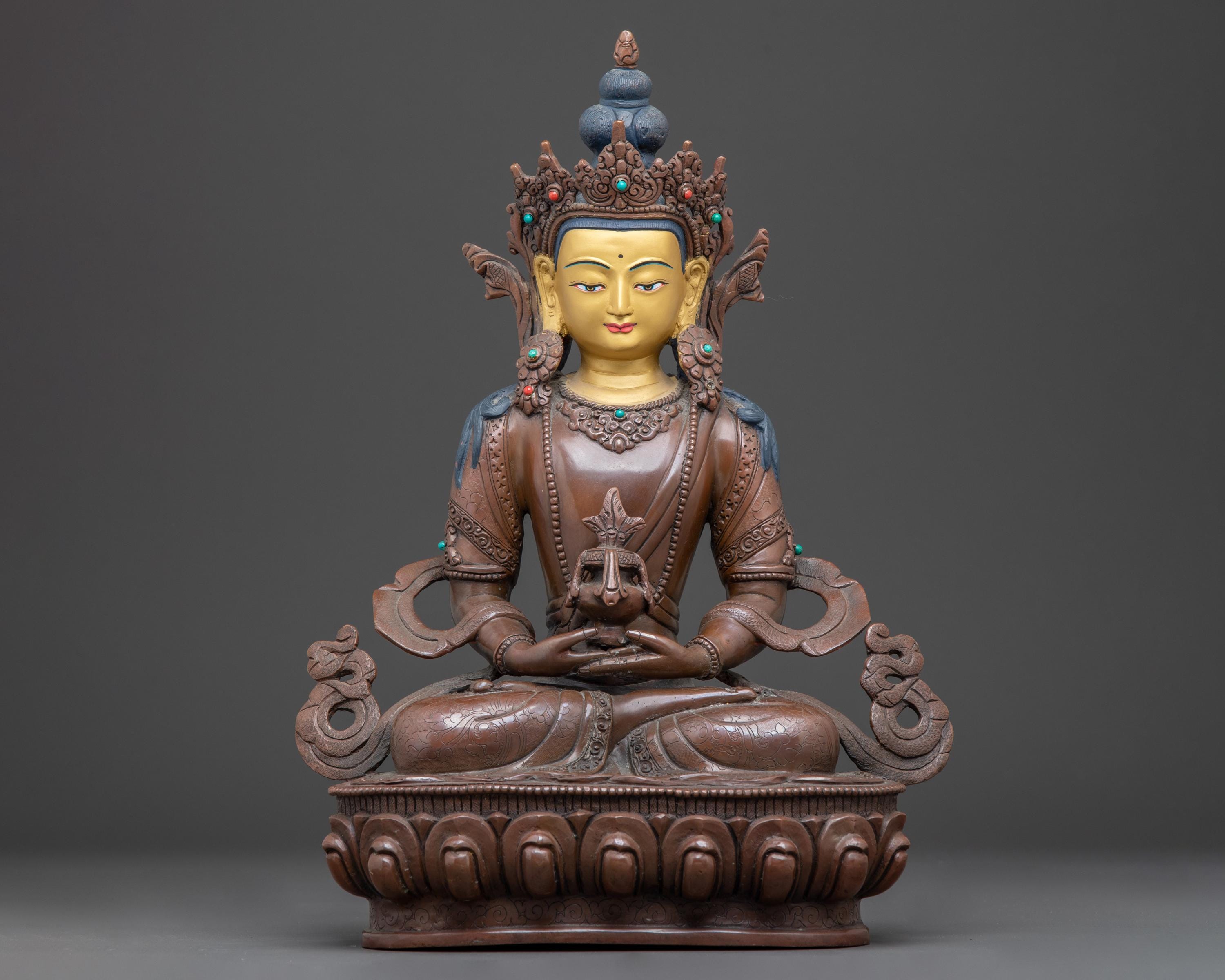仏教美術　阿弥陀如来　銅製像 銅製 13.6インチ 阿弥陀如来像 永遠の生命を司る仏陀 | 酸化銅に金彩と