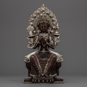 Maitreya Buddha Seated Calmly on Throne Statue | Traditionally Hand Carved Oxidized, Silver Plated Art | Tibetan Buddhist Termatree Artwork