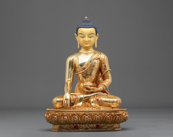 Gemstone Adorned Shakyamuni Buddha Copper Statue | Sacred Symbol of Awakening | Himalayan Buddhist Art for Altar and Shrine Decor