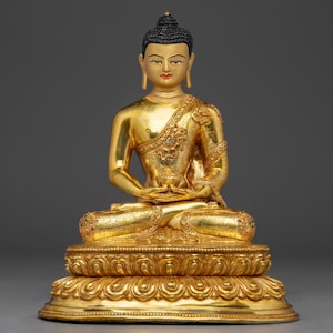 Gold Gilded Amitabha Buddha Copper Sculpture | Sacred Decor for Meditation, Tibetan Spiritual Art, Made in Nepal | Detailed Acrylic Painting